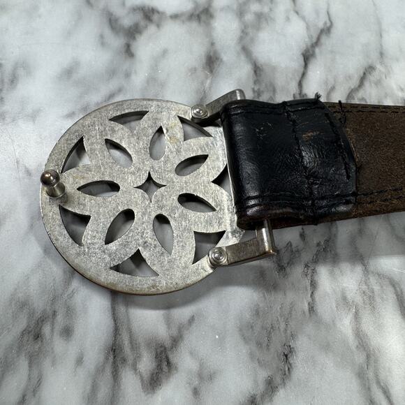 American Eagle Outfitters Leather Brown Size XL Big Metal Buckle Black Floral - Picture 6 of 10
